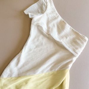 BCBGeneration Beige & Yellow Colorblock One Shoulder Chiffon Dress